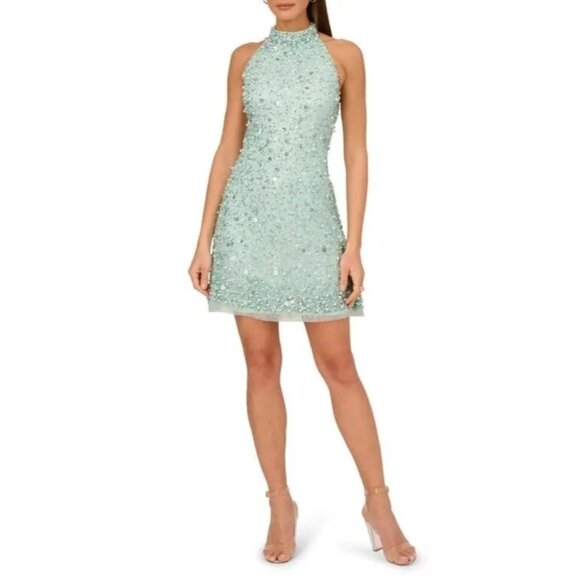 Adrianna Papell Dresses & Skirts - 275$ Adrianna Papell Beaded Halter Neck Cocktail Mini Dress Size 12 Fresh Mint